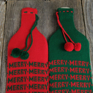 Vintage Christmas Bottle Tote Cover Knitted Stocking Department 56 Gift Bag Set - At Grandma's Table