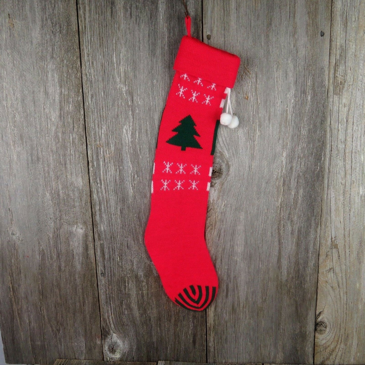 Vintage Christmas Tree Stocking Knitted Knit Green Red Long Snowflakes ST1 - At Grandma's Table