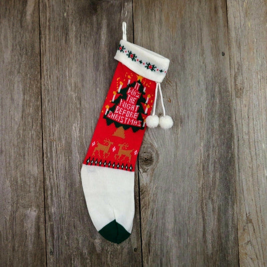 Vintage Stocking Knitted Knit Night Before Christmas Tree Reindeer Red White - At Grandma's Table