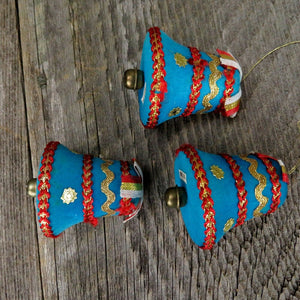 Vintage Flocked Bell Ornament Christmas Ribbon Blue Felt Rickrack Japan Set - At Grandma's Table