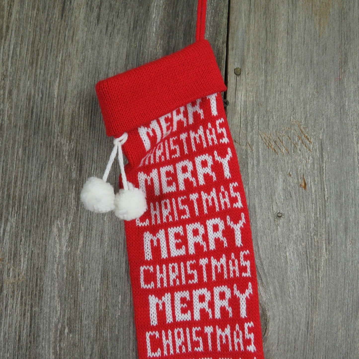 Vintage Stocking Knitted Knit Merry Christmas Red White Bold Pom Pom - At Grandma's Table