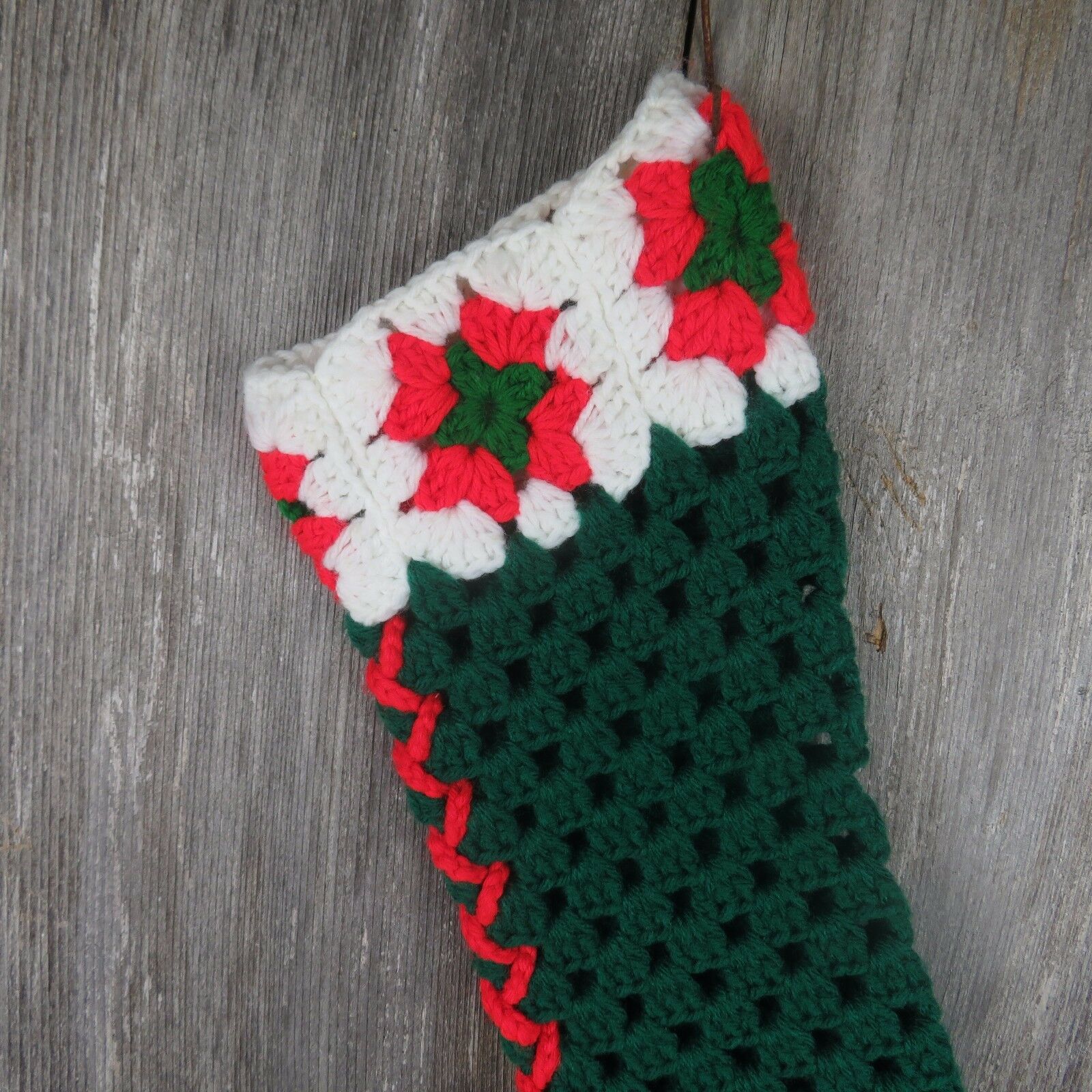 Vintage Christmas Stocking Crochet Handmade Granny Square Trim Green Red White 3 - At Grandma's Table