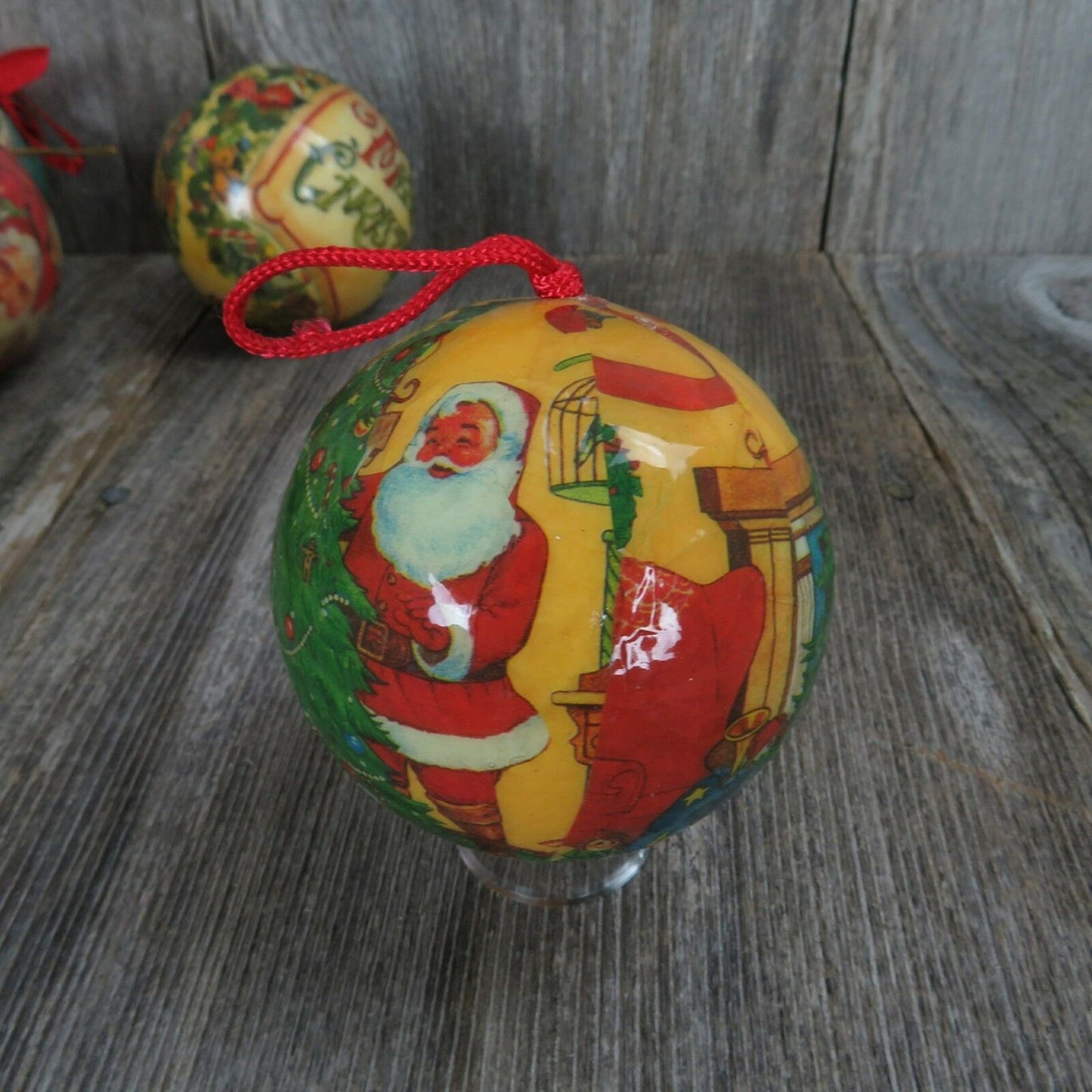Vintage Paper Mache Ball Ornament Santa Merry Christmas Decoupage Lot Set Egg - At Grandma's Table