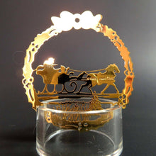 Load image into Gallery viewer, Vintage Sleigh Ride Christmas Ornament Hallmark Gold Metal Etched Embossed Scene - At Grandma&#39;s Table