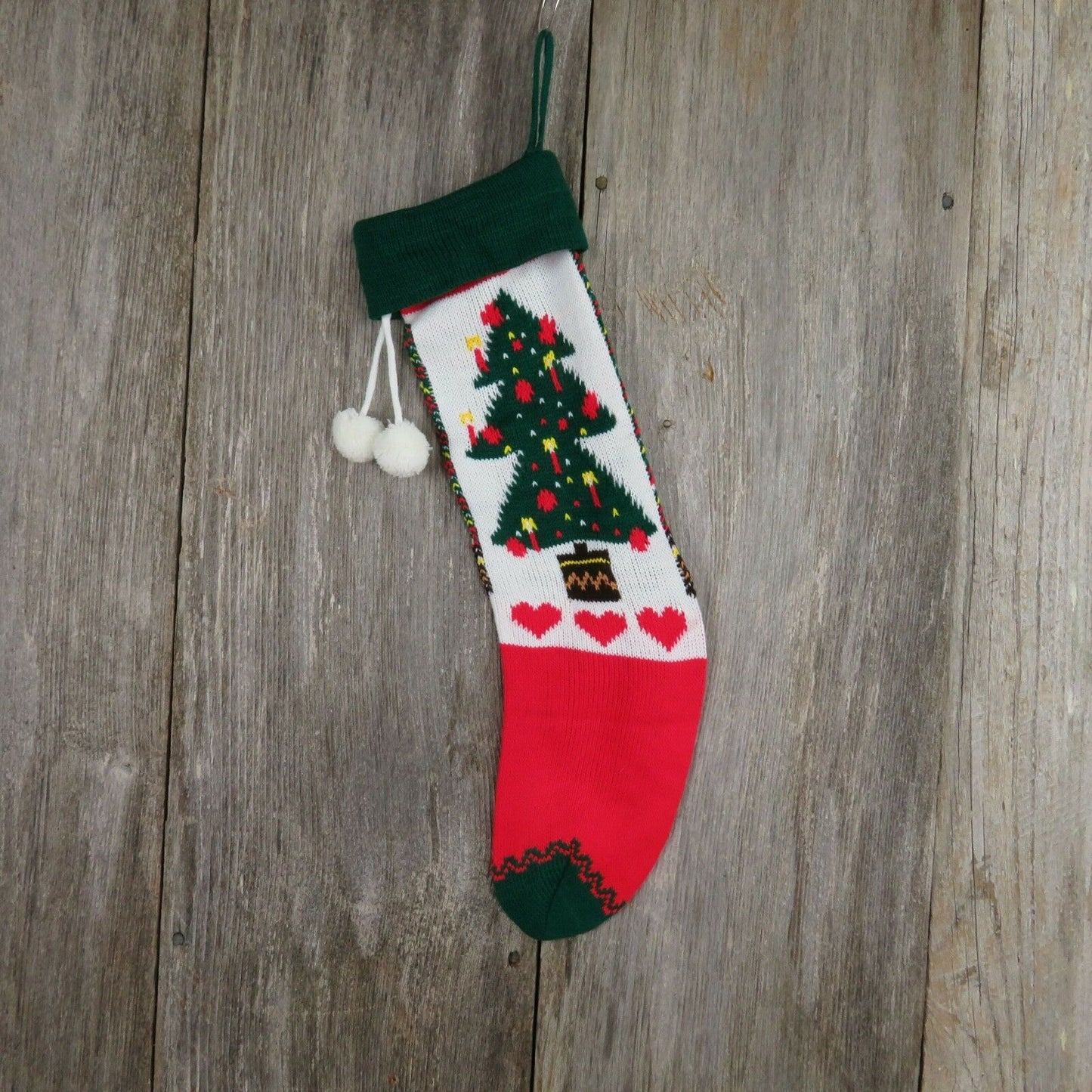 Vintage Christmas Tree Stocking Knitted Knit White Red Green Hearts Candle - At Grandma's Table