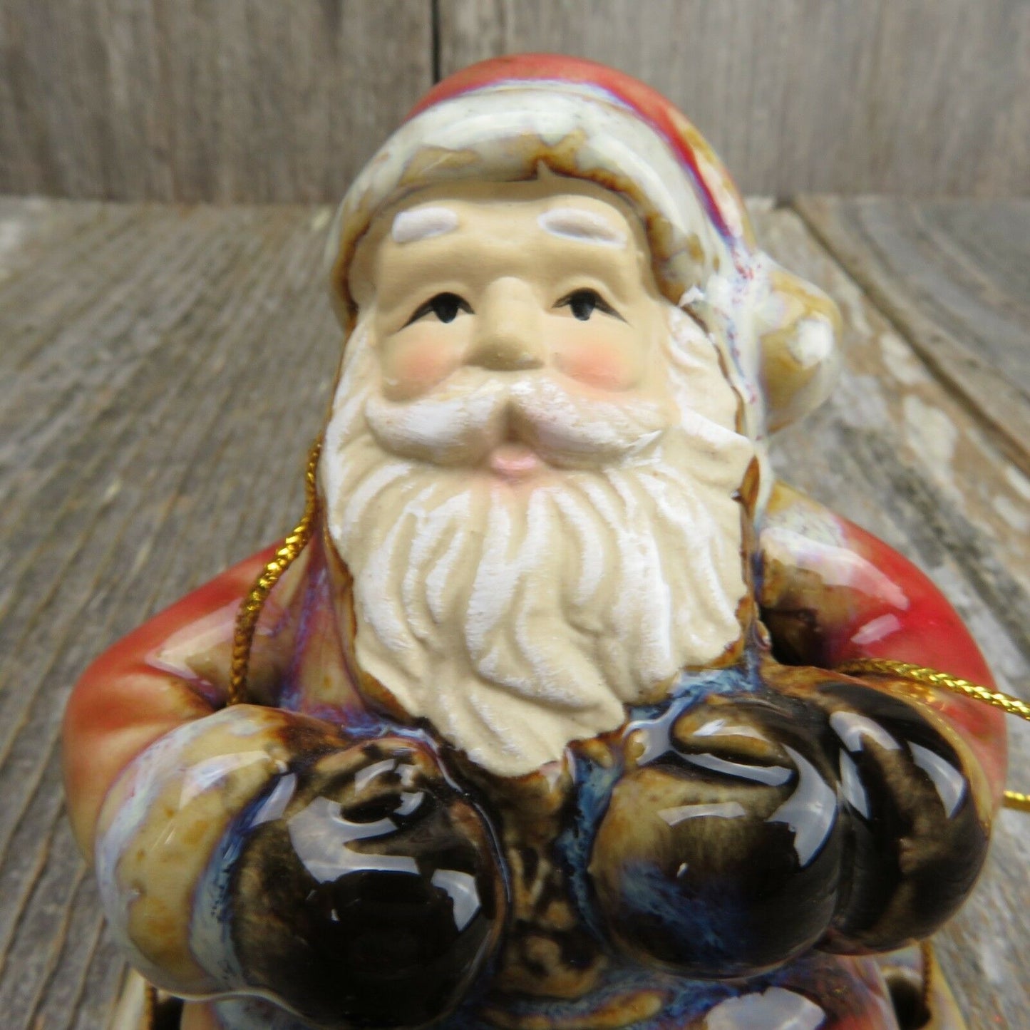 Swinging Santa Christmas Ornament Pottery Set Glazed Ceramic Red Blue Gloss - At Grandma's Table