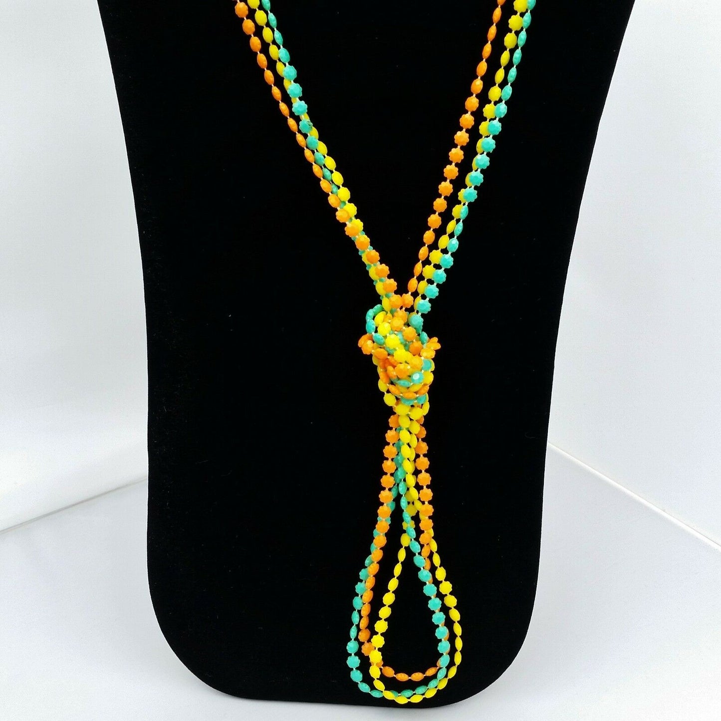 Vintage Flower Bead Necklace Multi Strand Extra Long Plastic Teal Yellow Orange Jewelry - At Grandma's Table