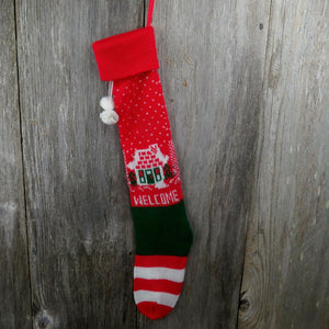 Vintage New House Stocking Knit Welcome Home Knitted Red Green 1980s - At Grandma's Table