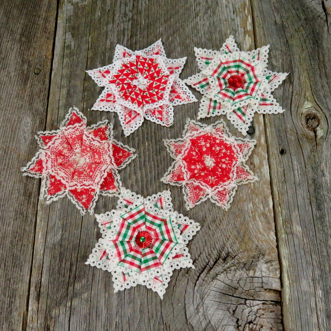 Vintage Star Flower Fabric Ornament Handmade Christmas Lace Poinsettia Lot Set - At Grandma's Table