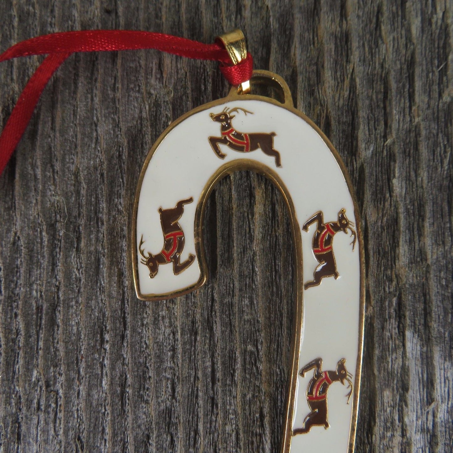 Candy Cane Reindeer Ornament Wallace Enameled Christmas 1999 Gold White Metal - At Grandma's Table