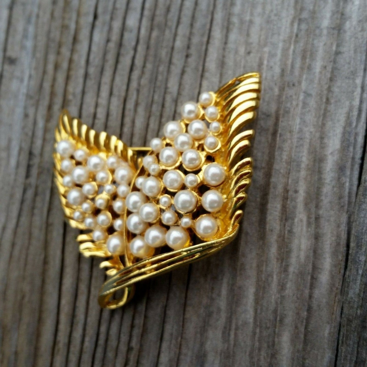 Vintage Leaves Brooch Pin Gold Tone Pearl Beaded Butterfly Wings Thanksgiving Jewelry - At Grandma's Table