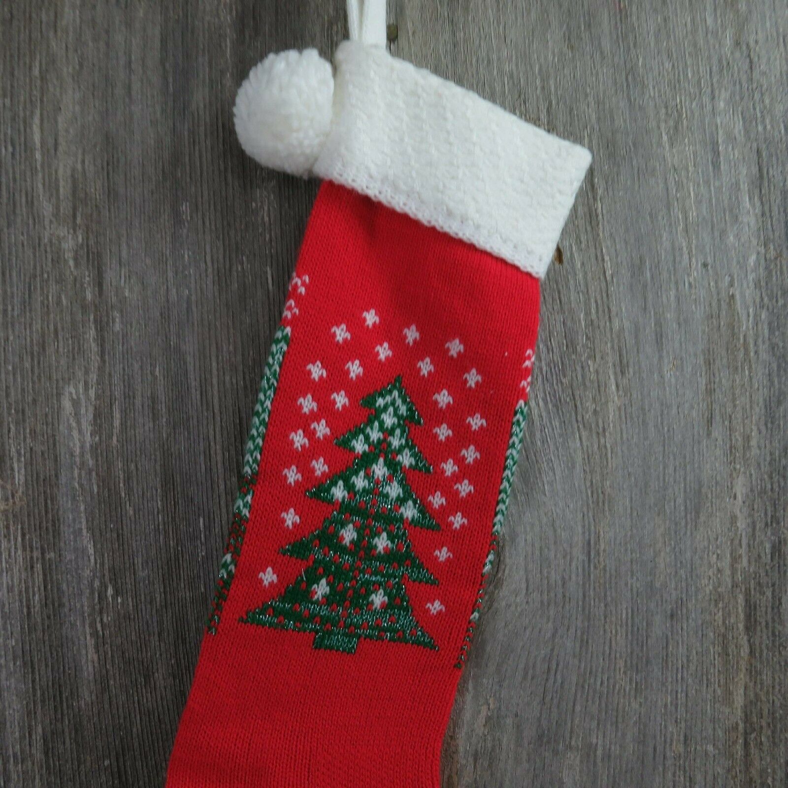 Vintage Christmas Tree Stocking Knitted Knit Green Red White Pom Pom - At Grandma's Table