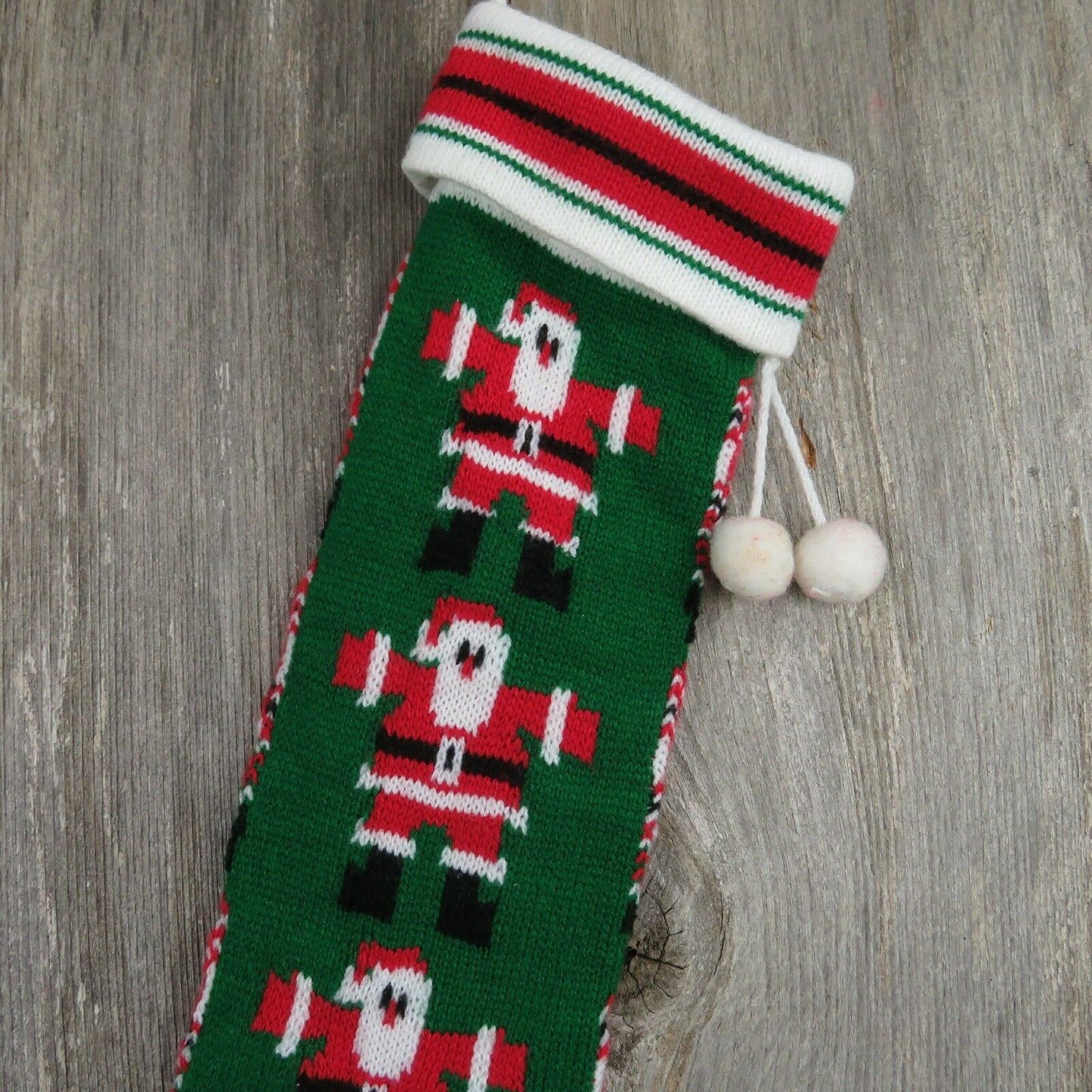 Vintage Santa Claus Stocking Striped Christmas Knitted Knit Green Red White - At Grandma's Table