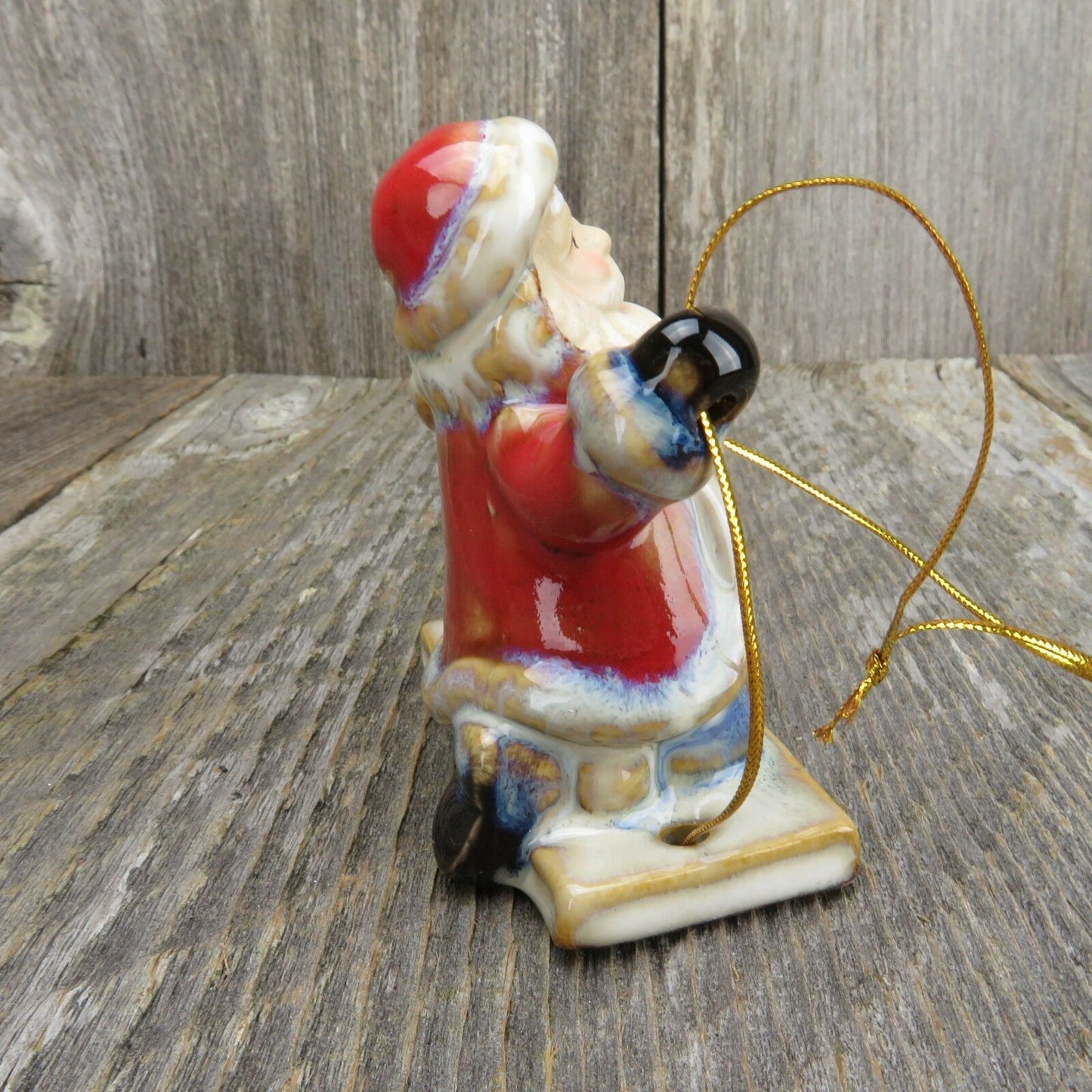 Swinging Santa Christmas Ornament Pottery Set Glazed Ceramic Red Blue Gloss - At Grandma's Table