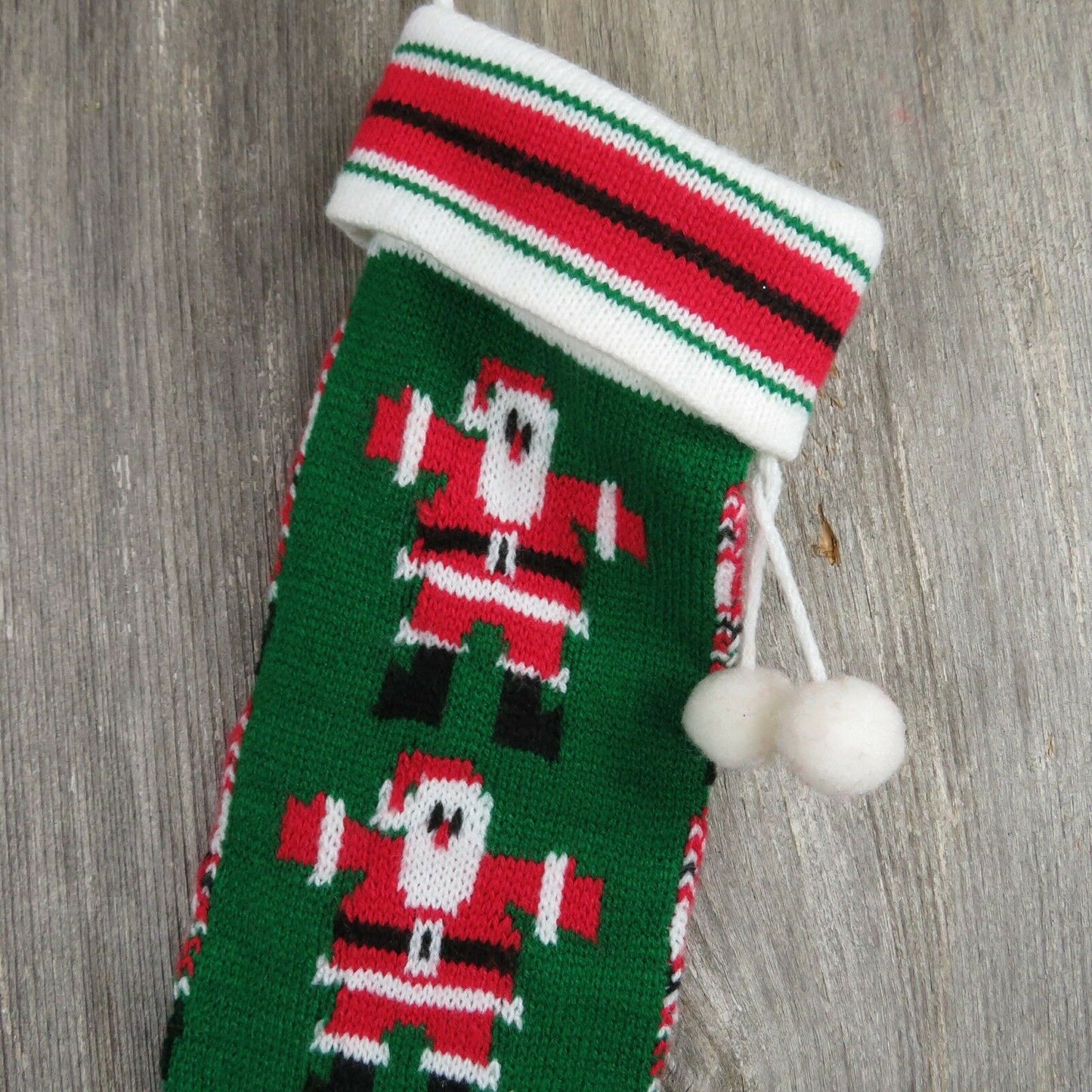 Vintage Santa Claus Stocking Striped Christmas Knitted Knit Green Red White - At Grandma's Table