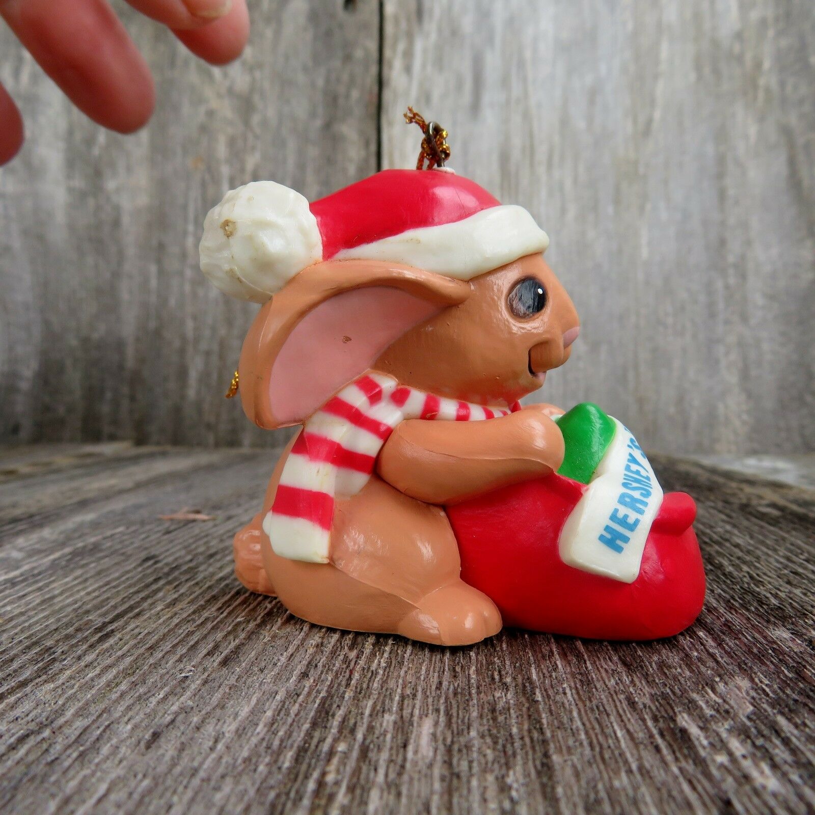 Vintage Rabbit Bunny Christmas Ornament  Hershey Current Mouse Santa Hat Kiss - At Grandma's Table