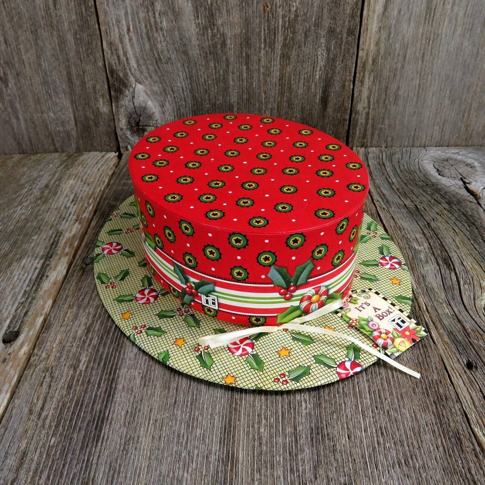 Christmas Hat Gift Box Mary Engelbreit Holiday Cookie Candy Holly Red Green - At Grandma's Table