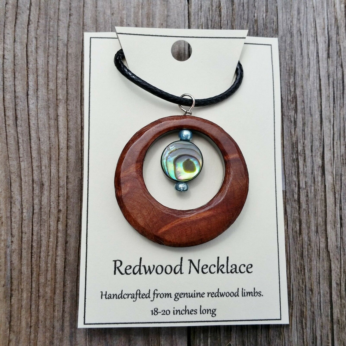 Wood Shell Pendant Necklace Redwood Burl & Abalone Handmade California Jewelry - At Grandma's Table