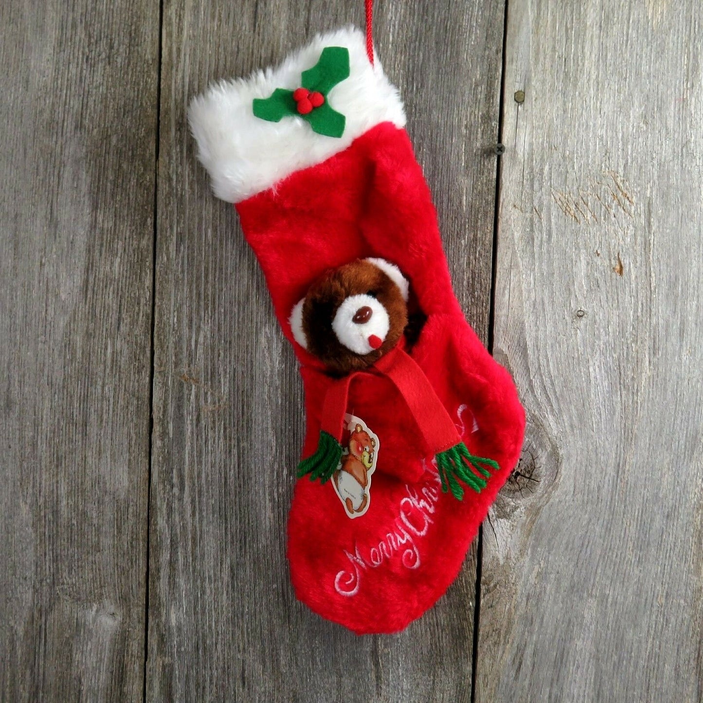 Vintage Teddy Bear Christmas Stocking Plush Stuffed Animal Pocket Merry - At Grandma's Table