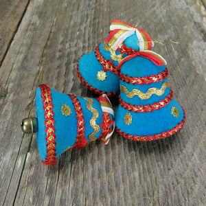Vintage Flocked Bell Ornament Christmas Ribbon Blue Felt Rickrack Japan Set - At Grandma's Table