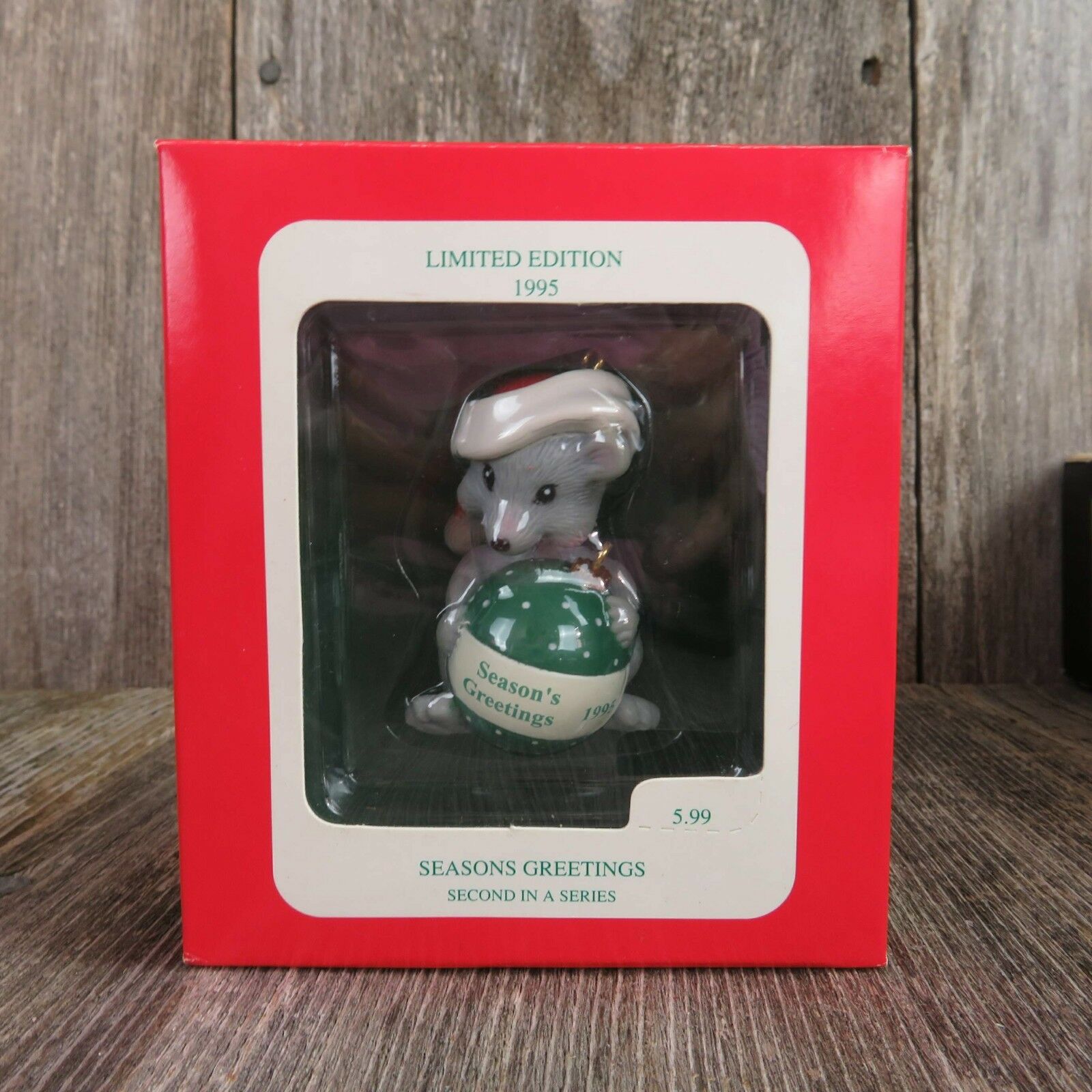 Mouse Season's Greetings Ornament Vintage Christmas Ball DCI Green Santa Hat - At Grandma's Table