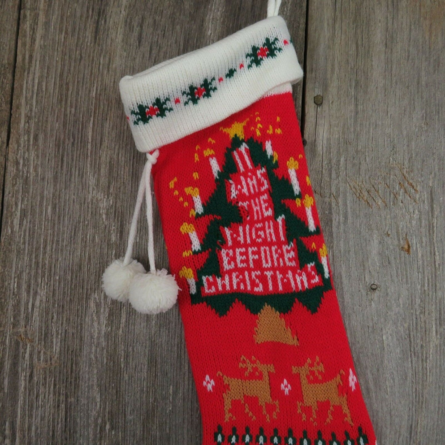 Vintage Stocking Knitted Knit Night Before Christmas Tree Reindeer Red White - At Grandma's Table