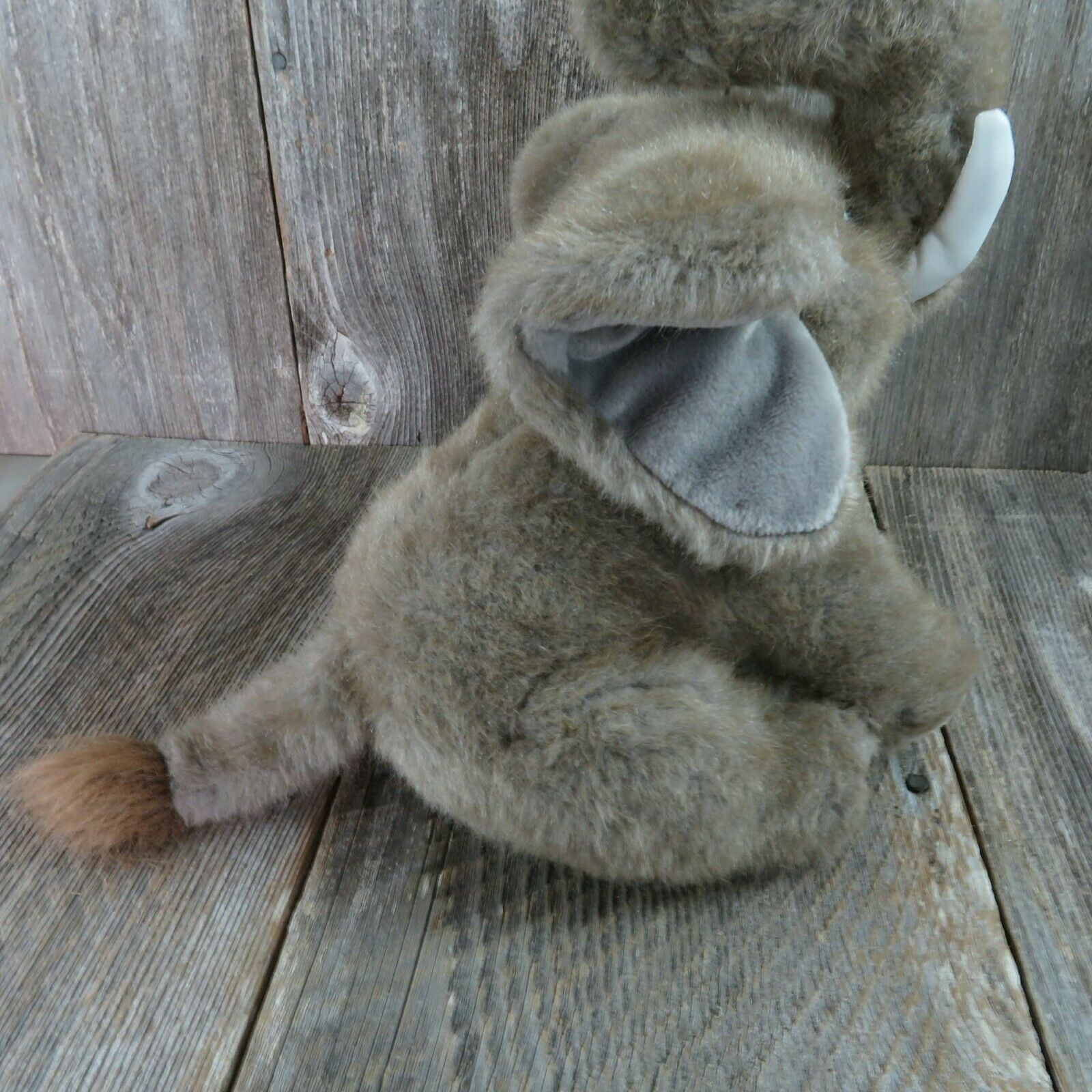 Vintage Elephant Plush Stuffed Animal Tusks Grey Sad Eyes Realistic Life Like - At Grandma's Table