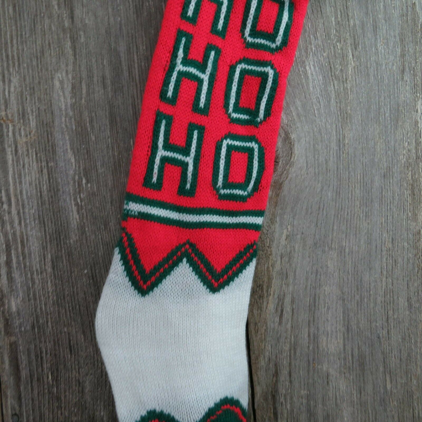 Vintage HO HO HO Stocking Knitted Knit Green Red Heart Christmas Pom Pom - At Grandma's Table