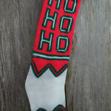 Load image into Gallery viewer, Vintage HO HO HO Stocking Knitted Knit Green Red Heart Christmas Pom Pom - At Grandma&#39;s Table