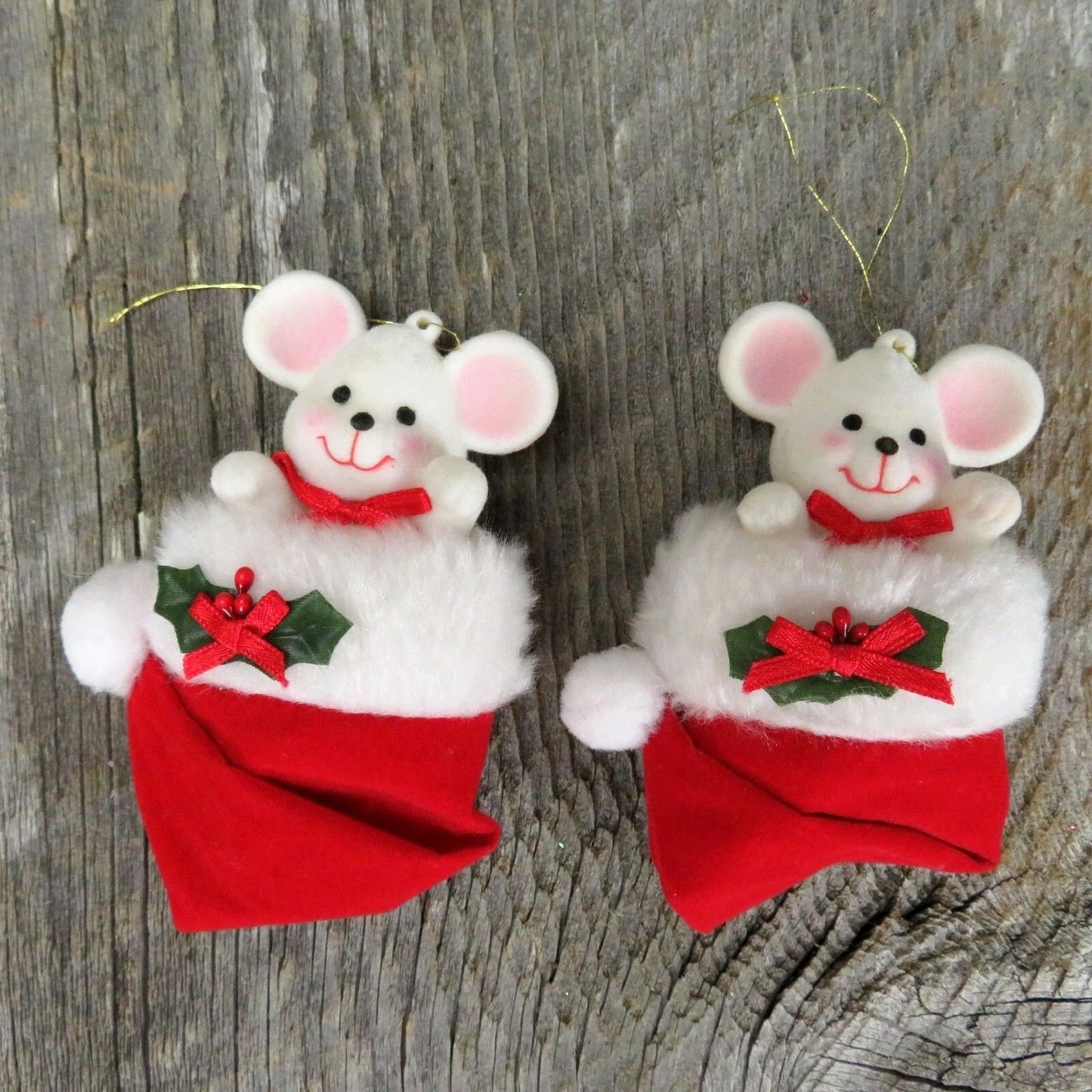 Vintage Flocked Mouse Stocking Ornament Christmas Holiday Red White Holly Mice - At Grandma's Table