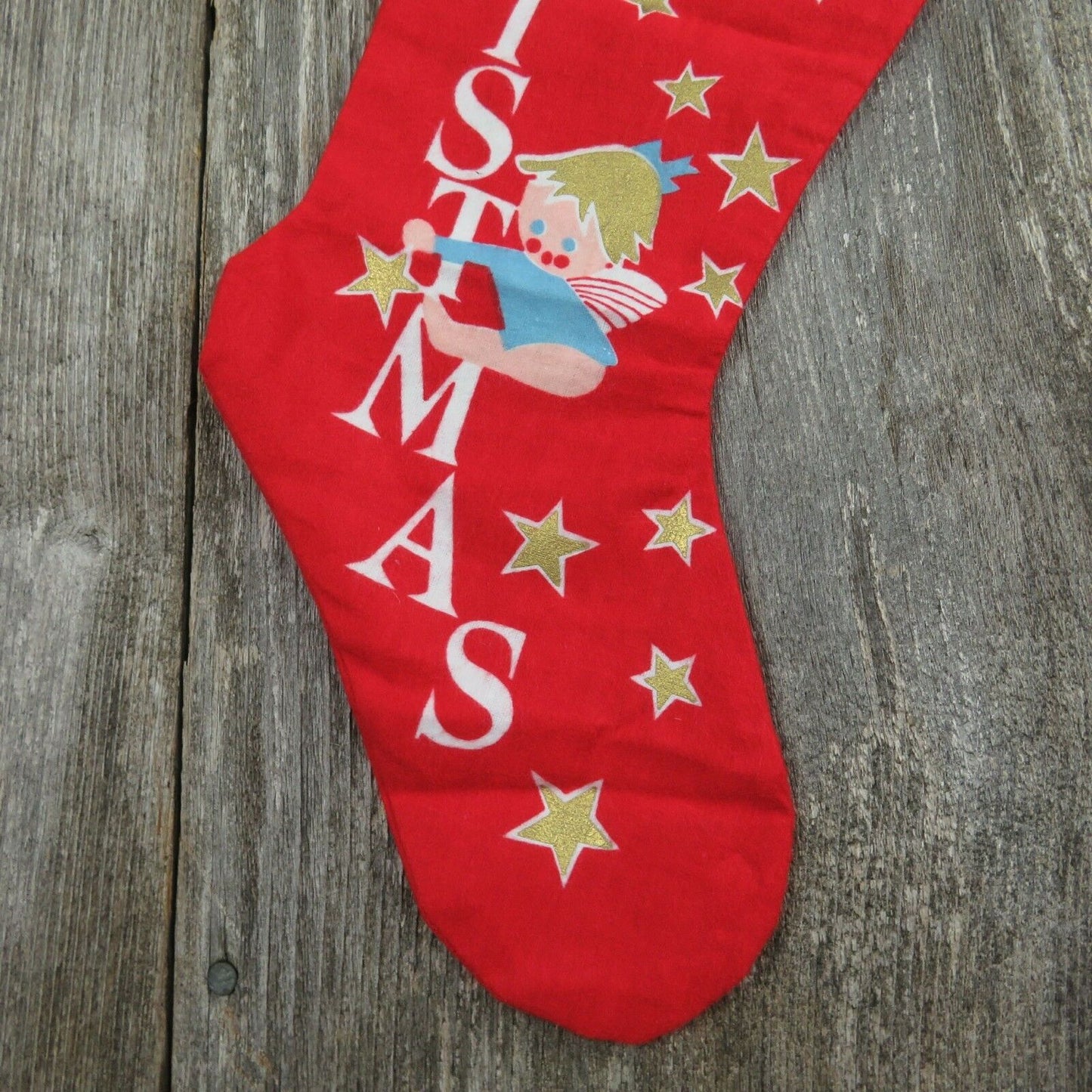 Vintage Angel Tree Stocking Merry Christmas Fabric Flannel Candy Cane Stars Red - At Grandma's Table