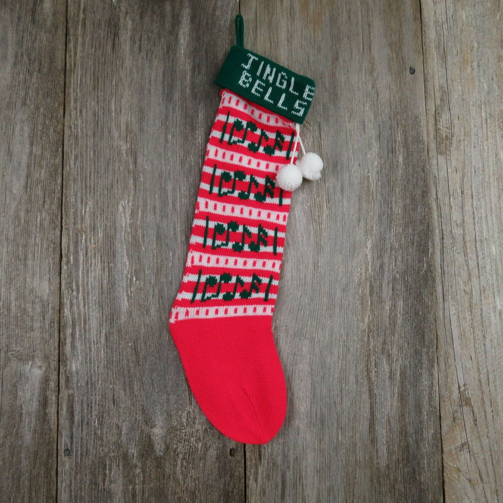 Vintage Jingle Bells Stocking Striped Christmas Knitted Knit Green Red White - At Grandma's Table