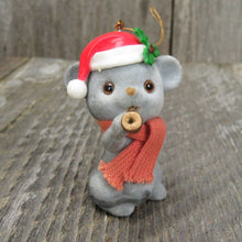 Load image into Gallery viewer, Vintage Flocked Mouse Ornament Christmas Horn Red White Holly Scarf Hat - At Grandma&#39;s Table