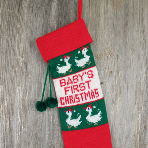 Vintage Christmas Stocking Baby First Goose Knitted Knit Green Red Geese ST38 - At Grandma's Table