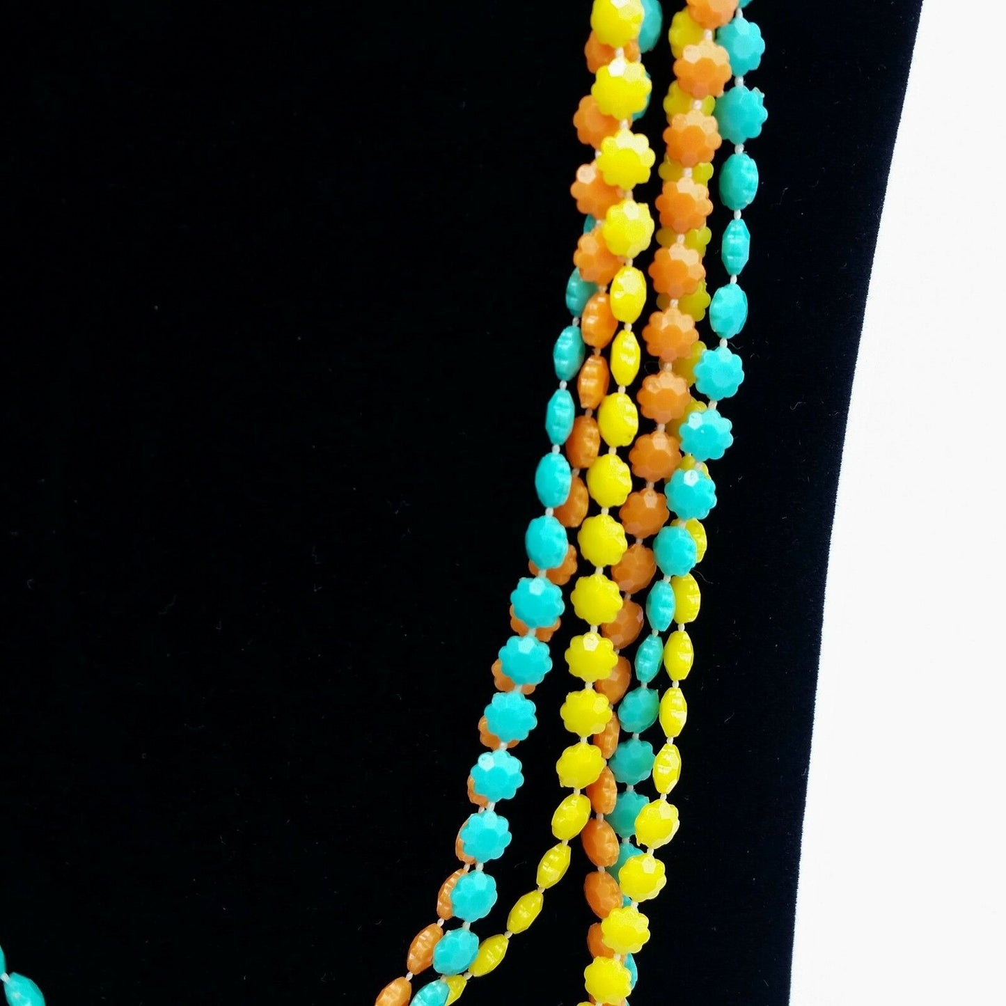 Vintage Flower Bead Necklace Multi Strand Extra Long Plastic Teal Yellow Orange Jewelry - At Grandma's Table