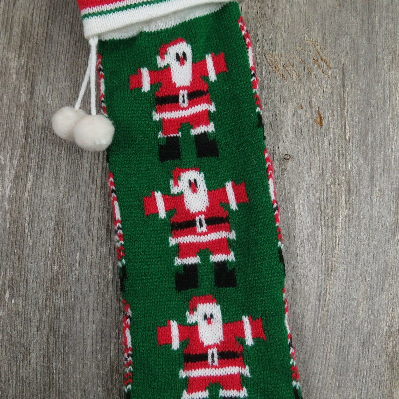 Vintage Santa Claus Stocking Striped Christmas Knitted Knit Green Red White - At Grandma's Table