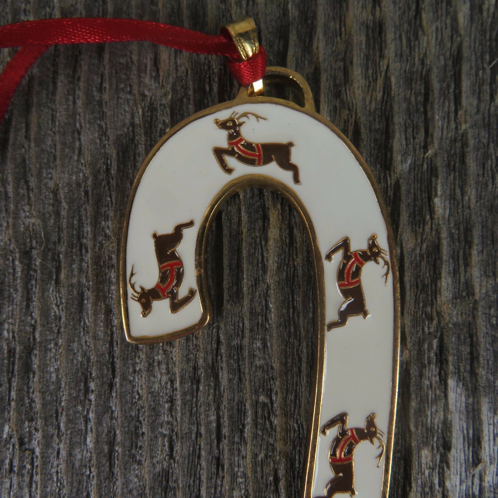 Candy Cane Reindeer Ornament Wallace Enameled Christmas 1999 Gold White Metal - At Grandma's Table