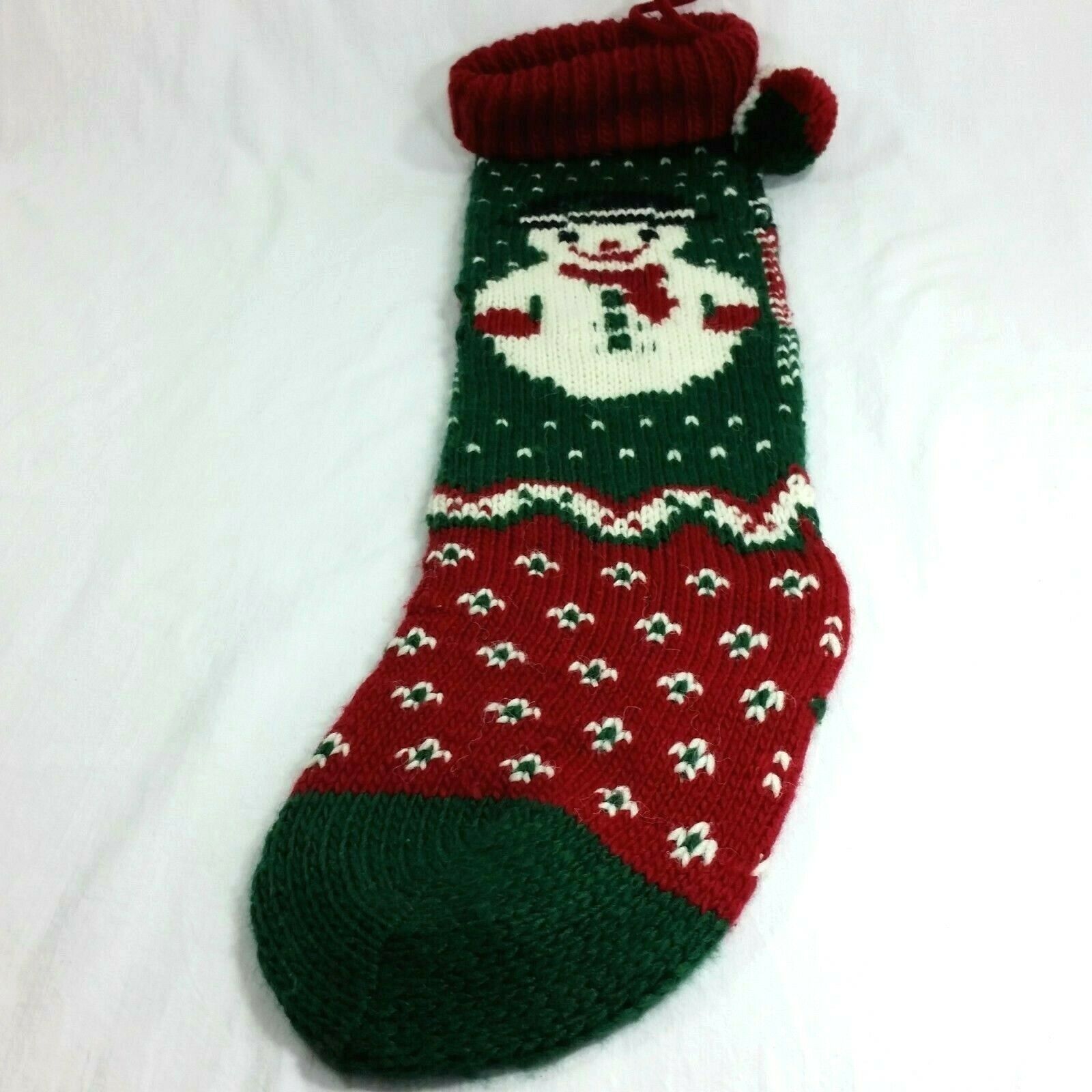 Vintage Snowman Stocking Knit Christmas Pom Pom Fuzzy Red Green White - At Grandma's Table