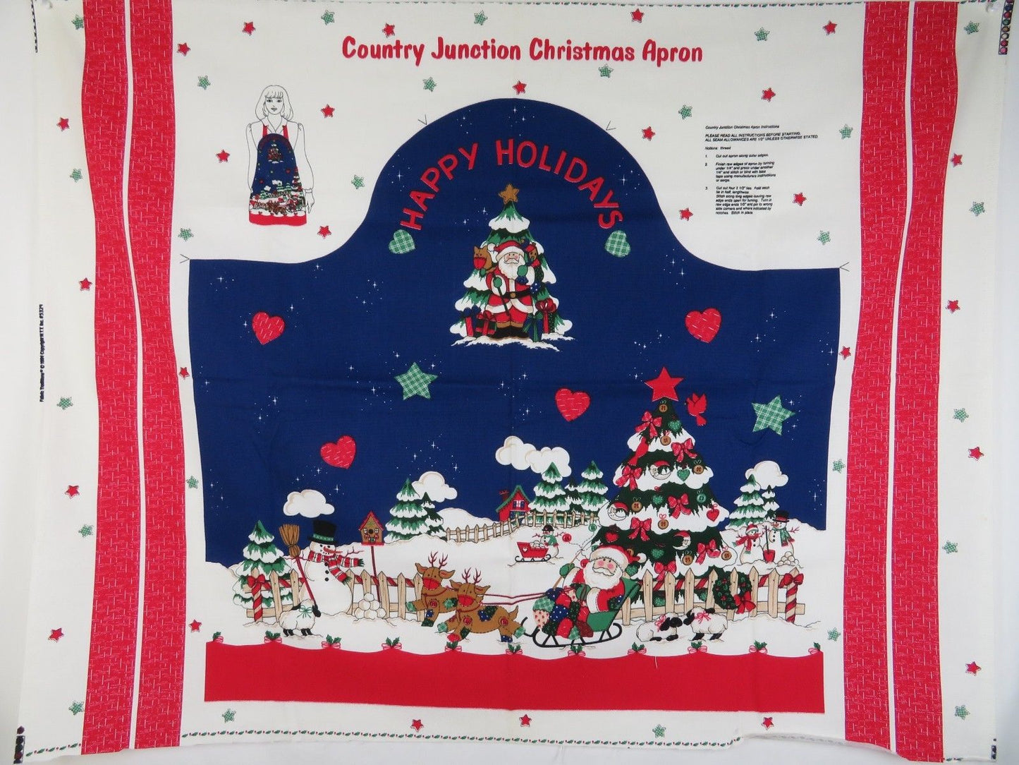 Vintage Apron Cut Sew Fabric Panel Christmas Holiday Blue Santa Butcher Country - At Grandma's Table