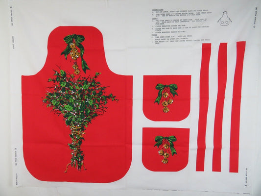Vintage Apron Cut Sew Fabric Panel Christmas Holiday Red Holly Butcher Bells - At Grandma's Table
