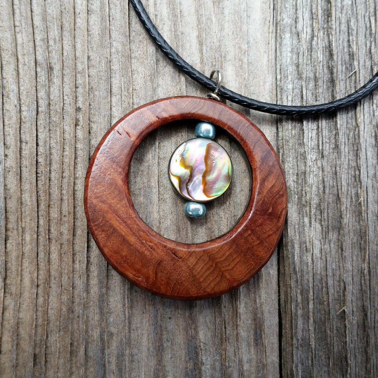 Wood Shell Pendant Necklace Redwood Burl & Abalone Handmade California Jewelry - At Grandma's Table