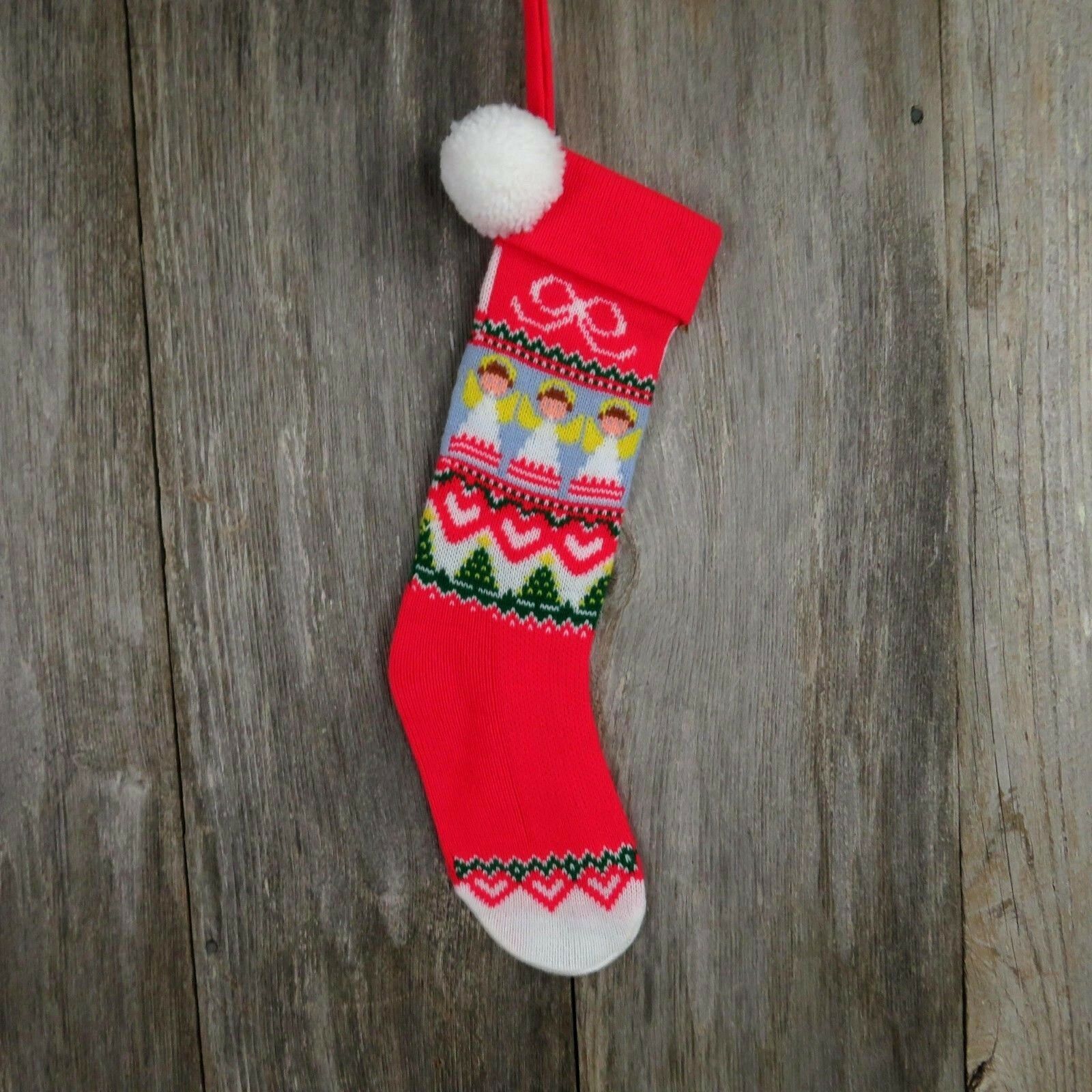 Vintage Angel Hearts Stocking Christmas Hallmark Knitted Knit Green Red Blue - At Grandma's Table