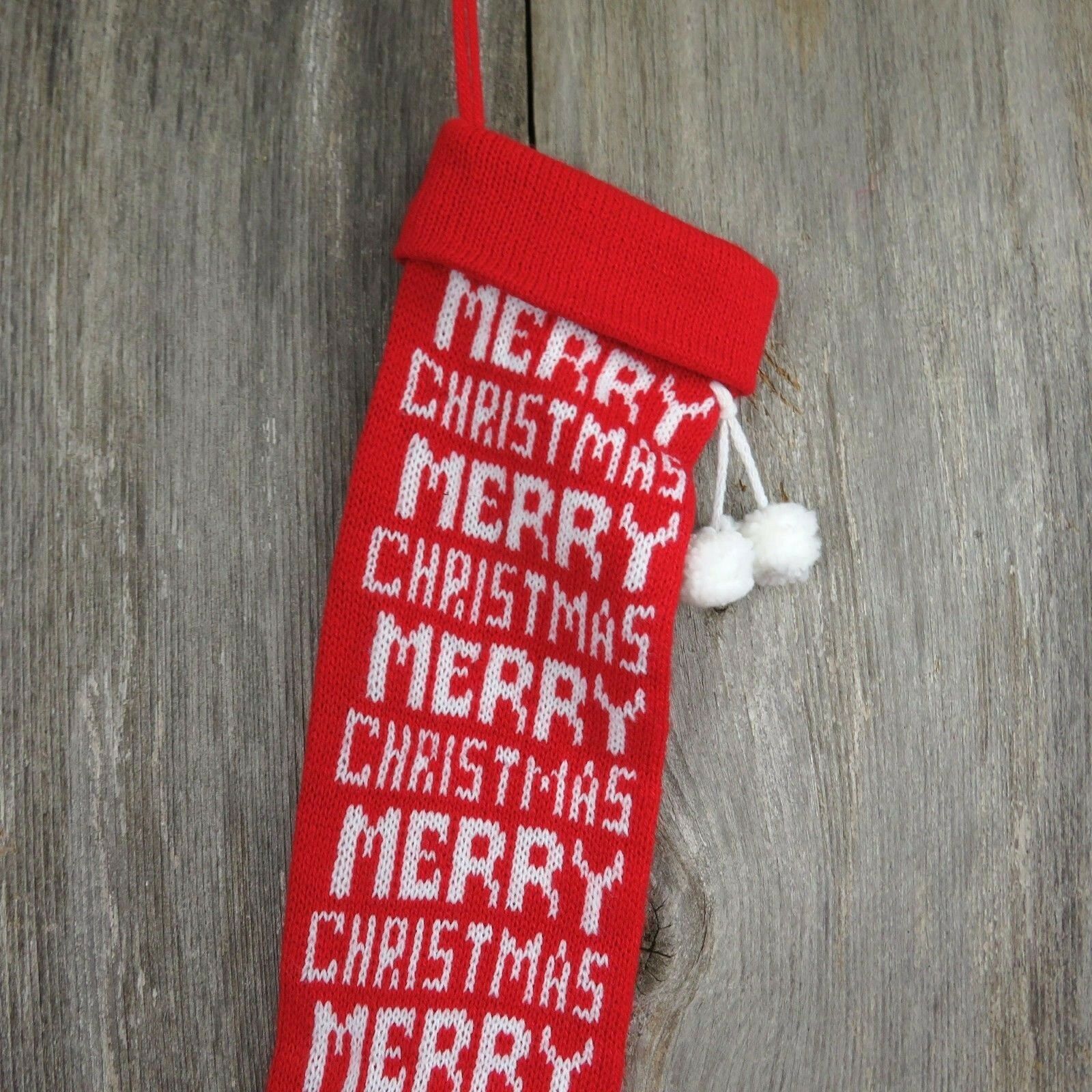 Vintage Stocking Knitted Knit Merry Christmas Red White Bold Pom Pom - At Grandma's Table