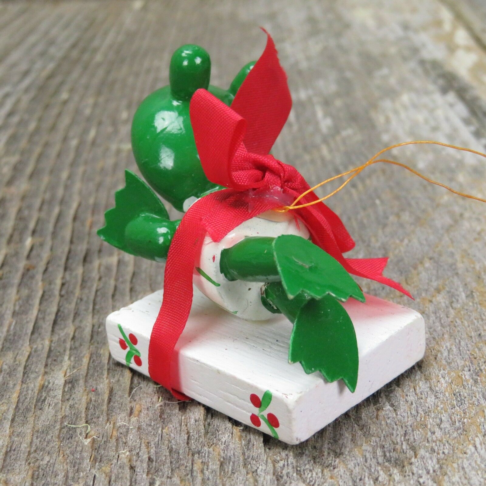Vintage Frog Toad Ornament Wooden Christmas Wood Green Candy Cane Sled Set - At Grandma's Table