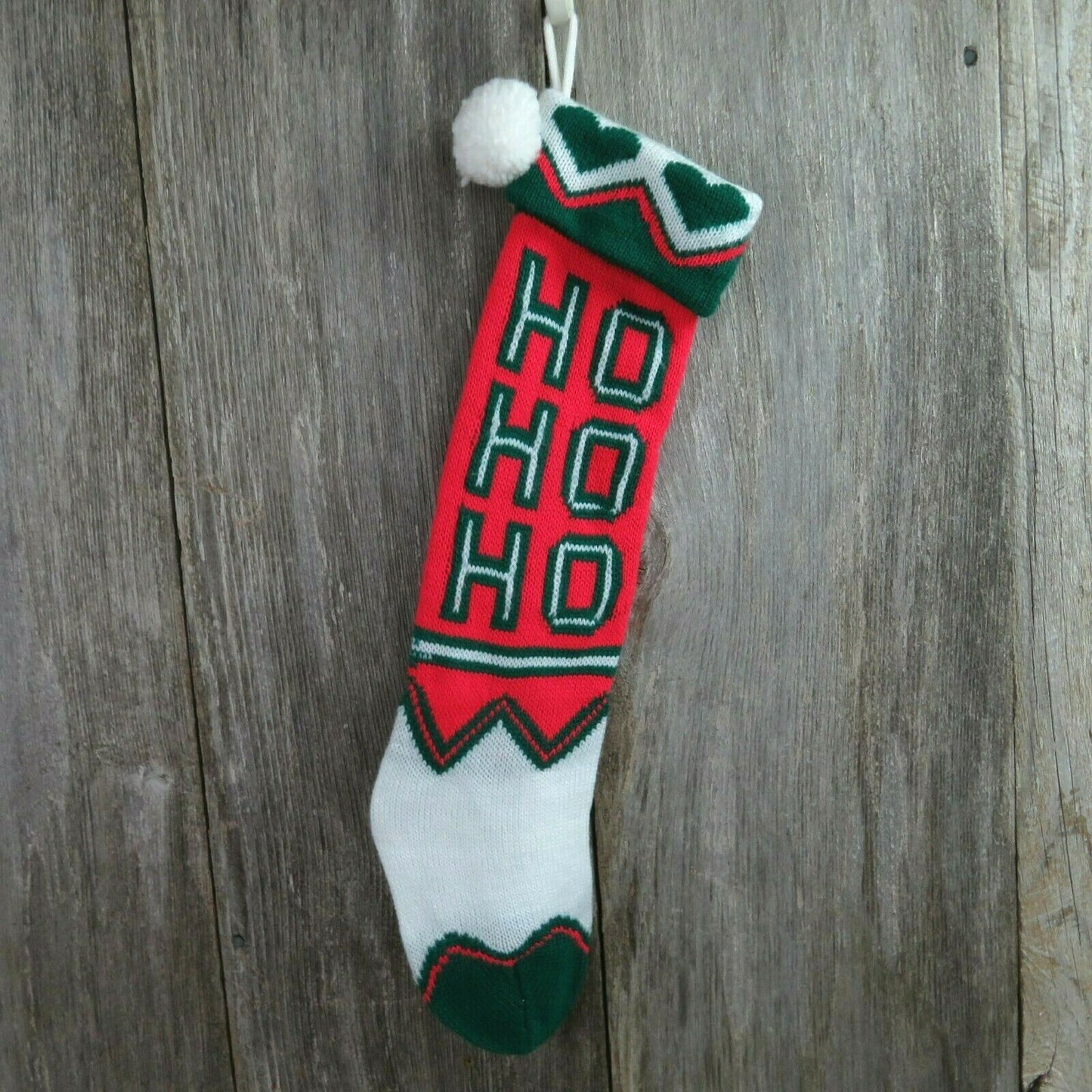 Vintage HO HO HO Stocking Knitted Knit Green Red Heart Christmas Pom Pom - At Grandma's Table