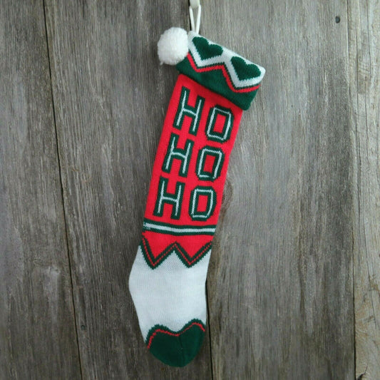 Vintage HO HO HO Stocking Knitted Knit Green Red Heart Christmas Pom Pom - At Grandma's Table