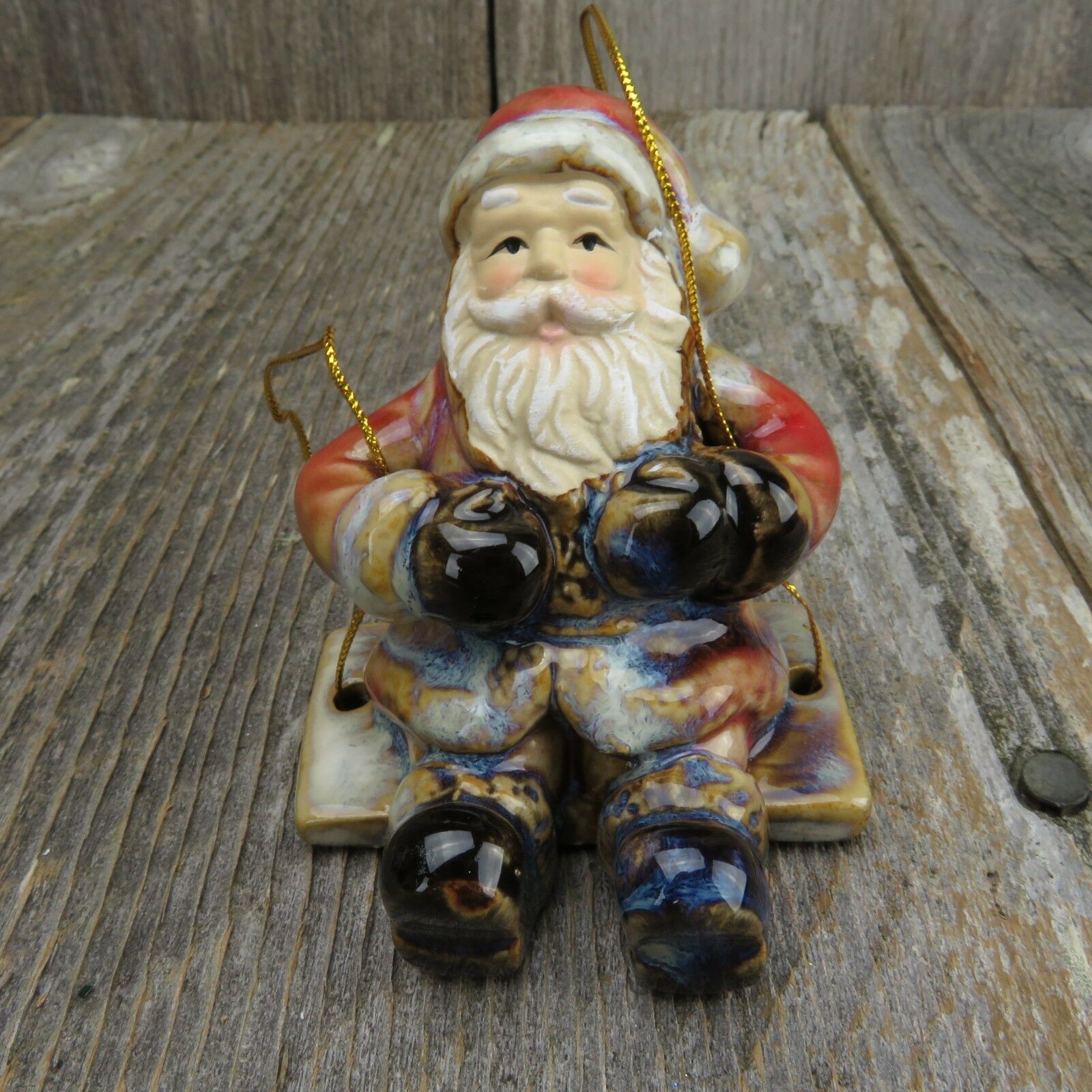 Swinging Santa Christmas Ornament Pottery Set Glazed Ceramic Red Blue Gloss - At Grandma's Table