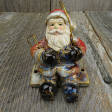 Load image into Gallery viewer, Swinging Santa Christmas Ornament Pottery Set Glazed Ceramic Red Blue Gloss - At Grandma&#39;s Table