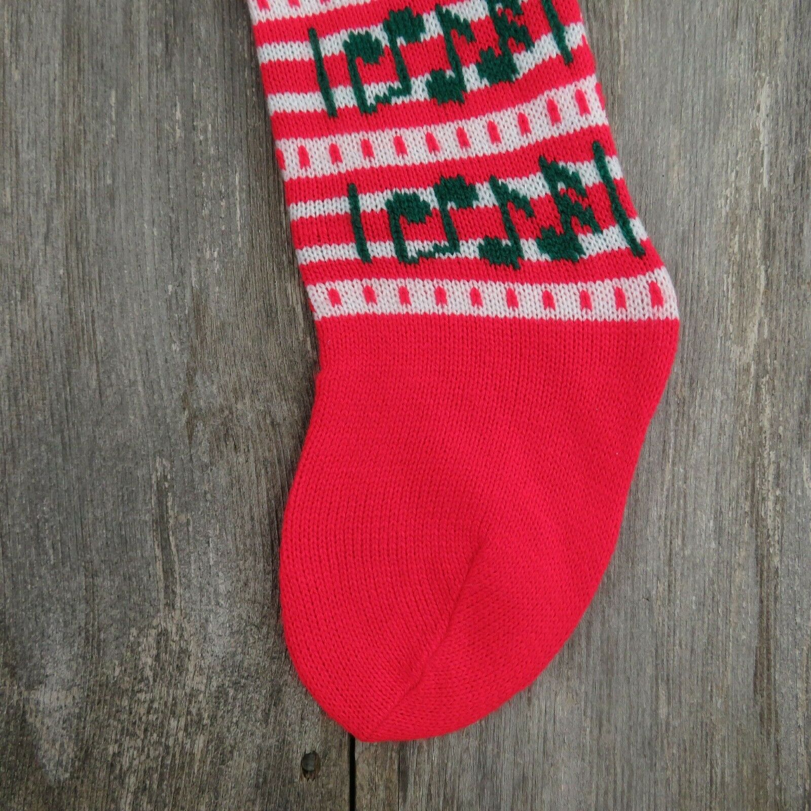 Vintage Jingle Bells Stocking Striped Christmas Knitted Knit Green Red White - At Grandma's Table