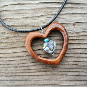 Wood Pendant Shell Necklace Redwood Burl & Abalone Heart Handmade Jewelry Calif - At Grandma's Table